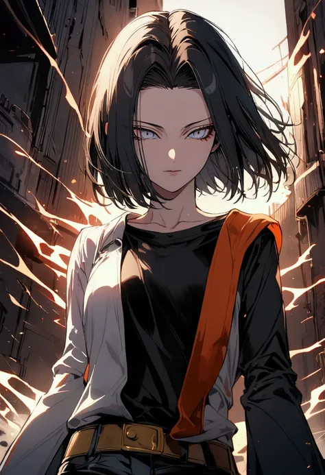 android 17, dark eyes, black hair,parted hair,short hair,