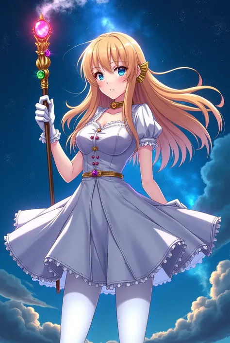 blonde long hair anime girl，White Gloves，short skirt dress，white pantyhose，Night sky，Gemstone huge magic wand，Anime comic style