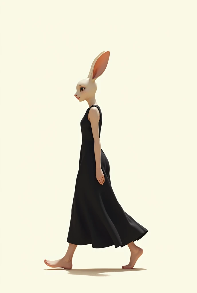 1 female, (furry, kemono:1.3), rabbit, A minimalist image of a woman walking in profile, dressed in a simple, monochrome black dress. The background is a solid, off-white color with no visible texture. The lighting is soft and even, creating a gentle shado...