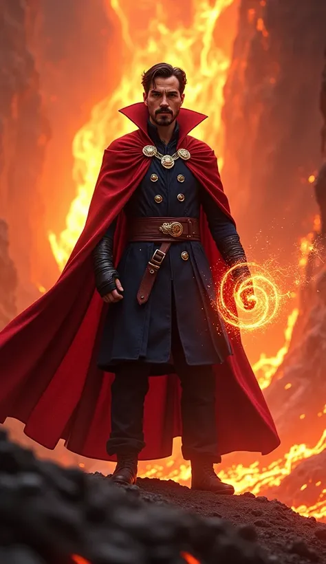 A Doctor Strange (Avenger) standing in front of a lava.image in real hd.