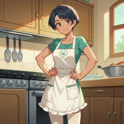 Woman Cook, cartoon screencap, Cute smile,standing, kitchen, Apron,  dress, looking at viewer, perfect anatomy, adult woman, hand on the hip, medium breasts, Tight clothing, short hair, white stockings, 