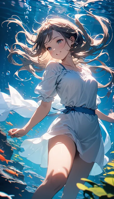 1 girl、smile、Underwater Diving、Loose, Short tunic、Fine skin、Beautiful blue sea、Sunlight shining on the water、Flowing Hair、Great atmosphere、A vibrant underwater world、(8k、RAW Photos、Best Quality、masterpiece:1.2)、(Genuine) 、Photorealistic:1.37)、