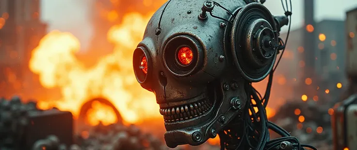 close-up, extremely realistic image, captured at the exact moment, vista em slow-motion, an evil robot head exploding, parts and particles deteriorating, twisted metal, fire, sparks, sparks, wires, oil, rust, exposed mechanics, hydraulic actuators, BOKEH E...