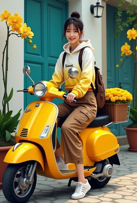 Photorealistic cinematic acrylic painting 3D image of a yellow Vespa scooter with its basket filled with yellow marigold flowers. The scooter was parked on a rocky road.. On the scooter, There is a beautiful Korean woman with smooth white skin, a perfectly...