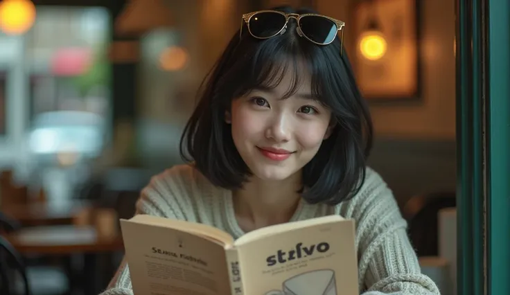 daughter、Short Bob、A cute Japanese girl around 30 years old、Winking Sa々Muxi like、Knit dress、Starbucks Cafe Background，I have a book、The book cover says Lofi Lounge, A little bird beside her、A close-up shot from outside the window、Highest quality、Near perfe...