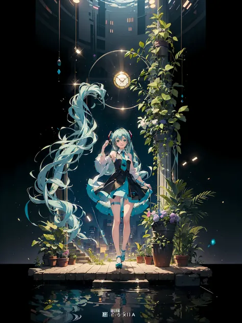 masterpiece、Best Quality、Highest quality、Exquisite depiction、8k、(Hatsune Miku), "1 girl smiling, (Vocaloid), (Hatsune Miku), (Turquoise Hair), (Long Hair), Looking at the audience, Volumetric Light, Microphone in one hand、Another hand is Vie, blue vest