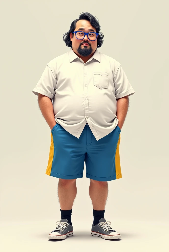 Make a Japanese guy named Frederico who is a little fat, wears blue glasses, has some beard hairs, wear a white shirt, blue shorts with a yellow stripe, has some hair on his leg, wearing black socks and gray sneakers and has medium hair