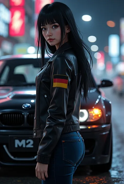 Portray Onori Kaito, 2 Japanese woman from San Fierro, standing next to her BMW M3 E46 sports car. She looks confident and stylish in a leather jacket., on the left sleeve of which is depicted the German flag, symbolizing her respect for the German auto pr...