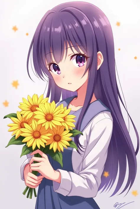 Anime girl with straight purple hair and purple eyes with a bouquet of yellow flowers 