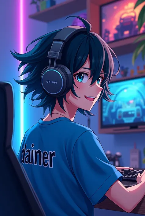 Imagine a beautiful anime streamer with black hair, In the foreground. He is wearing oversized gamer headphones and has a blue t-shirt with the name "Daimer" on the back. His expression is focused and enthusiastic.,happy, while looking back out of the corn...