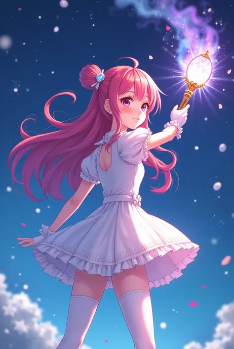 Pink long hair anime girl，White Gloves，short skirt dress，white pantyhose，Night sky，Gemstone huge magic wand，Anime comic style