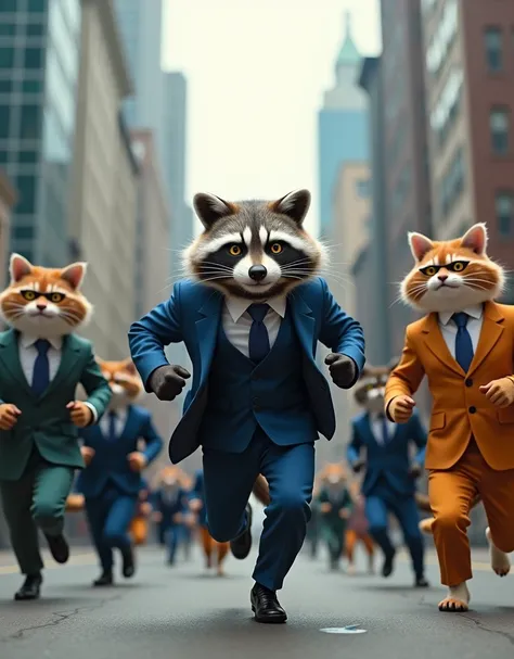 A tall, gray, aggressive raccoon with amber eyes in a blue suit and tie runs around the city from a pack of multi-colored cats on two legs, dressed in glasses and suits. hq 4k, photorealism, focus on the whole picture , the background is also clear