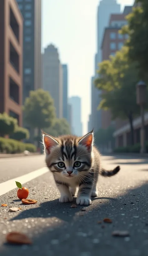 A hungry kitten searching for food on road