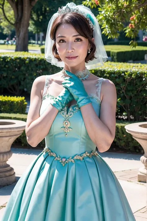 ((Masterpiece)), ((Best Quality)), A middle-aged short-hair woman, ((She is wearing an ornamental aqua color wedding dress)),  She is in a park, She is wearing gloves on her hands, she is wearing a collar, 