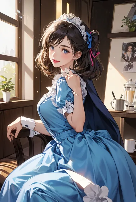 。hair bow，jewelry，lipstick，Busty maid，Maid tiara，make up，ribbon，blue dress，cafes，Coffee cup，Barista，sit down，Speak，Just relax，sunlight through window，looking at the audience，Smile，from the side，solo,Breast sagging, Thighs and buttocks，cowboy shooting, Dutc...