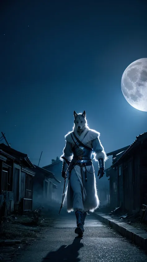 Blue Samurai, Ghost, Walking with wolves through a ghost village, Night Sky, full moon, Realistic, Full HD, Best Quality