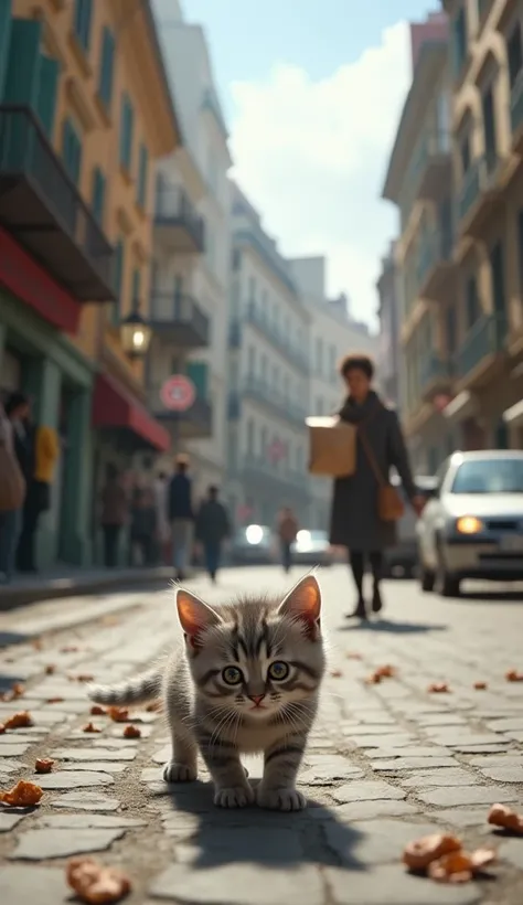 A hungry kitten searching for food on road a man passes by with food