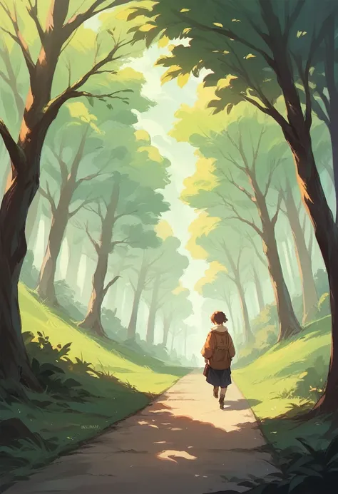 A girl is walking along the road surrounded by trees