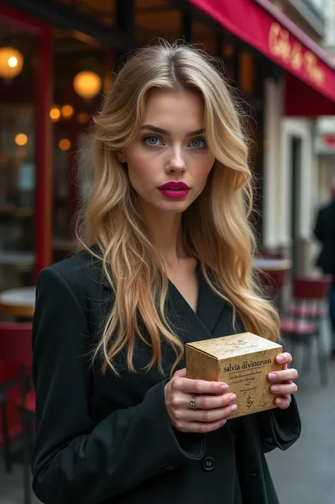 A Russian Girl golden hair pink lips sharp nose blue eyes standing outside Café de Flore in Paris, holding a small box labeled Salvia divinorum