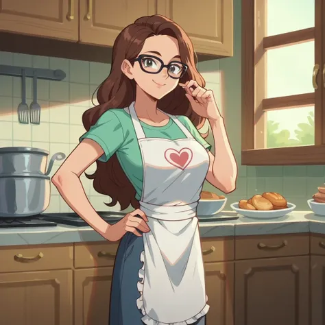 Woman, cartoon screencap, Cute smile,standing, kitchen, Apron,  dress, looking at viewer, perfect anatomy, adult woman, hand on the hip, medium breasts, Tight clothing, long hair, glasses 