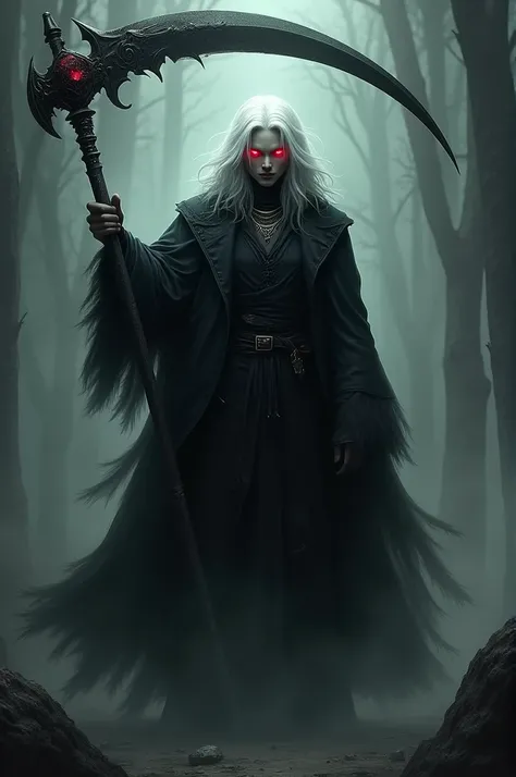 A gothic warrior with a trench coat, white hair, red eyes and a scythe