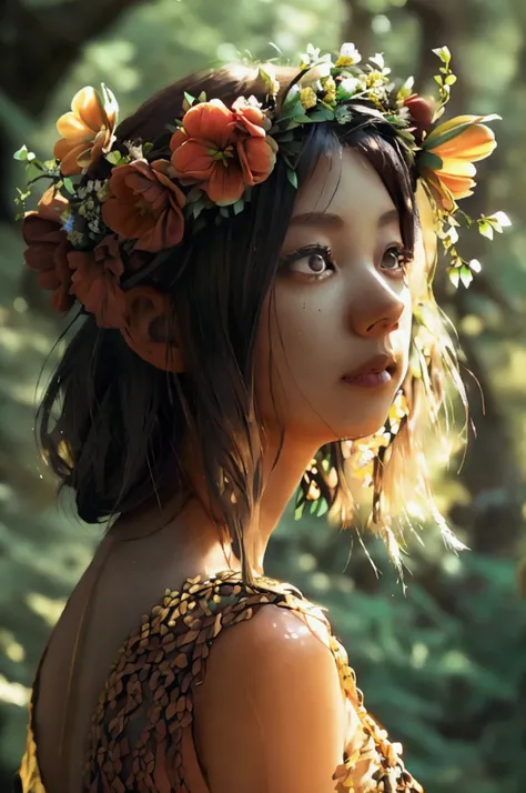 Very detailed, masterpiece, Cinematic Lighting Digital Photography,(In the forest where fairies live),(Flower crown,Japanese,actress,Braided hairstyle,35 talents,Gorgeous tight dress,woman,Bob Hair,masterpiece, complicated, Very detailed,black eye detailed...