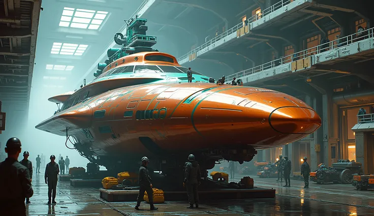 masterpiece, best quality, 8k, natural lighting, soft lighting, sunlight, wide-angle, (action shot of a shiny copper and teal star cruiser spaceship standing on ground inside a futuristic space station port, people working on the spaceship, repairing it:1....