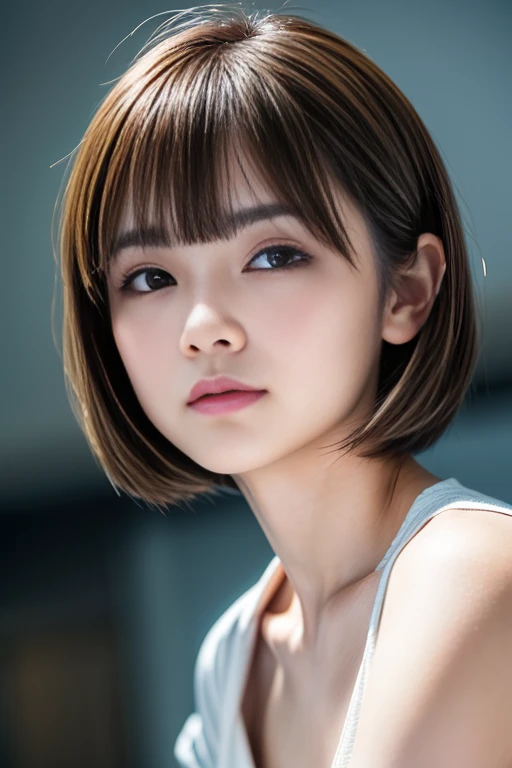 Highest quality, Realistic, Very detailed, finely, High resolution, 8k, Cinema Lighting, 1 person, Cute Japanese Women, 20 years old, light brown short straight bob hair, (extra very tiny bangs, blunt bangs above the eyebrows:1.6), (Wearing a simple busine...