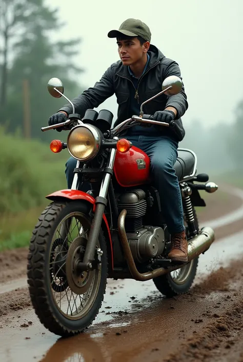 
Un jeune homme aux cheveux tres courts avec une casquette porte une gant noir sur une moto rouge-noir de taille moyenne pneu gros crapon, globe arondie,dans une route secondaire boueux