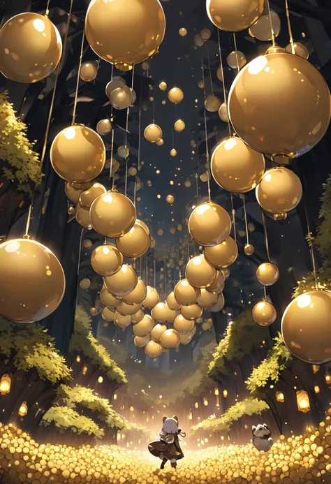 A forest covered with many golden balls, where raccoon dogs leap
