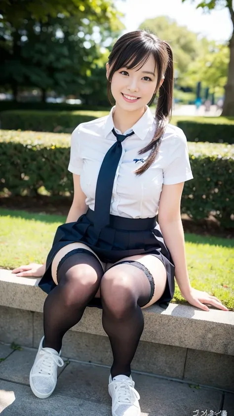 Pure Japanese school girl, slightly chubby body, beautiful legs, shiny white skin, seductive pose, wearing uniform, lift up skirt, tights, panty, sneakers, long ponytails, no makeup, thick eyebrows, pure smile, sexual temptation, refreshing in day light, s...