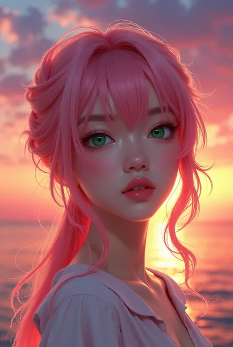 Notices Realistic Asian woman with green eyes, pink hair with white highlights,  looking at a beautiful sunset 