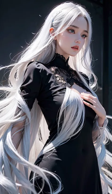 1girl, beautiful detailed eyes, beautiful detailed lips, extremely detailed face and features, long lashes, black lace long sleeve dress, profile view, long hair, white hair, glossy hair, gradient hair color, fantasy background, movie set, cinematic lighti...