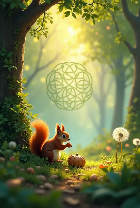 A landscape format wallpaper for PC WITH GREEN DOMINANCE, WITH A FLOWER OF LIFE A CLOSE-UP BUT IN A SUBTLE WAY with trees, rays of sunshine and a squirrel eating a hazelnut and a dandelion flower