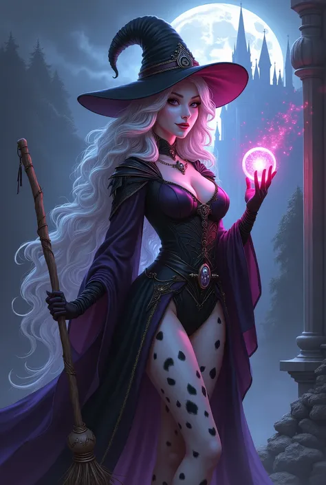 Create a highly detailed anthropomorphic female character with fantasy aesthetics. The character should be a hybrid of a Dalmatian dog and a human, with a curvy, voluptuous figure. She is dressed as a witch or sorceress, wearing a fitted, dark magical robe...