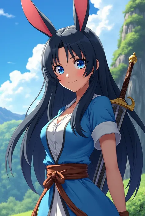 Long Hair, Black Hair, Bunny ears, blue eyes, smile, One girl, Dragon Quest style,Hero,Carry a sword on your back,anime,beautiful