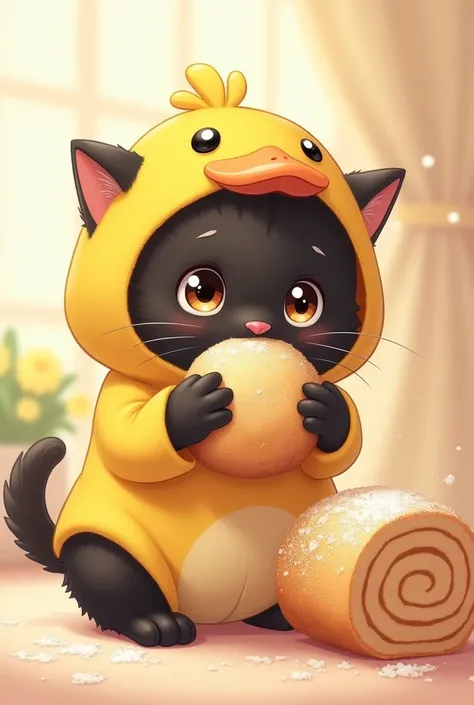 British Shorthair，Anime Touch，Baby Cat，Black cat，Cat in a duck costume、Eating a ロールケーキ