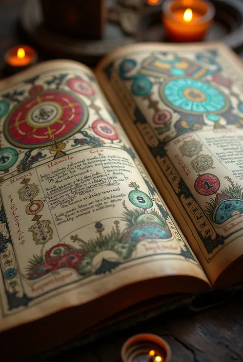  A close-up shot of the manuscripts pages, revealing a beautifully illustrated calendar with a specific date circled in vibrant red. Surrounding it are ancient symbols and glowing runes, hinting at the mystical significance of the date.