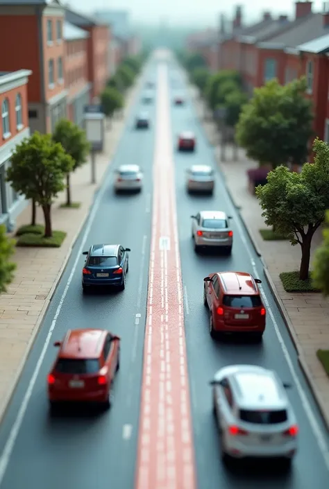 Imagine a model town with a double-lane road and cars traveling in opposite directions. Magnetic bars are installed on the roadsides side walk areas. Alongside, make another picture of a large bar magnet with visible magnetic field lines (depicted with arr...