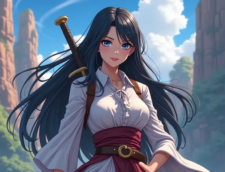 Long Hair, Black Hair, blue eyes, smile, One girl, Dragon Quest style,Hero,Carry a sword on your back,anime,beautiful