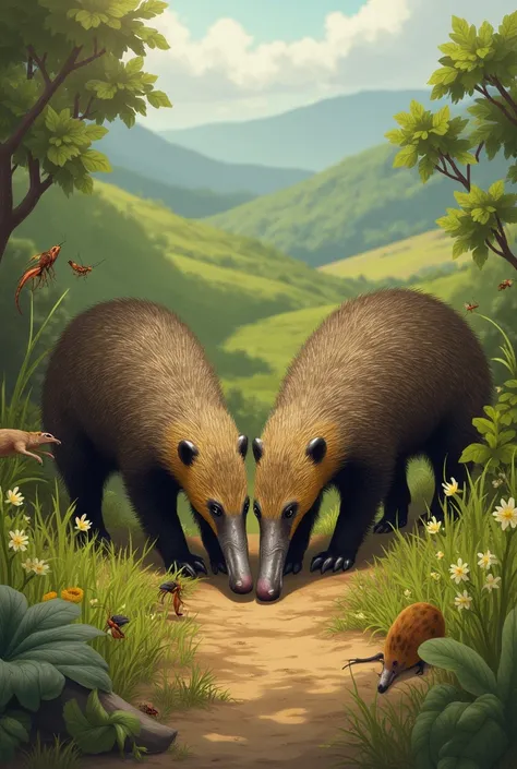 Social Scene: Two or more anteaters interacting or foraging together in a shared space.