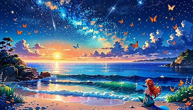 Genuineistic、Genuineistic、Genuine、The main event is the sunrise.、Small aircraft、Small butterfly、Starry sky and sunrise、coastline、A fantastic butterfly、The image shows a little mermaid,Anime-style digital painting of a horizon landscape, wonderful, Atmosphe...