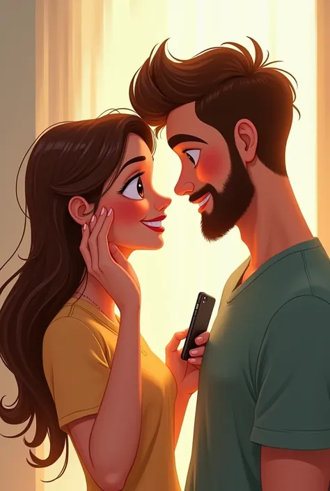 Disney Pixar style drawing of a beautiful woman with long hair, with one hand on his cheek and the other on his cell phone looking smiling at a handsome man, brown haired, short beard that also smiles at her