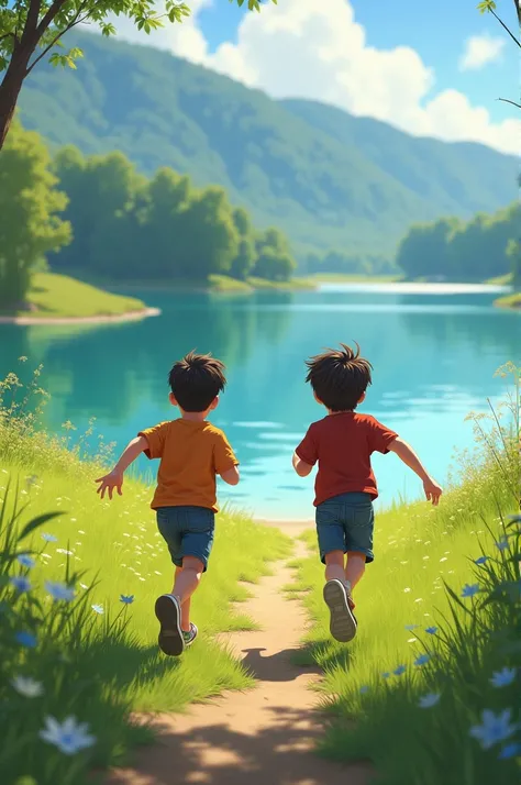 Two boys are running to the way of lake