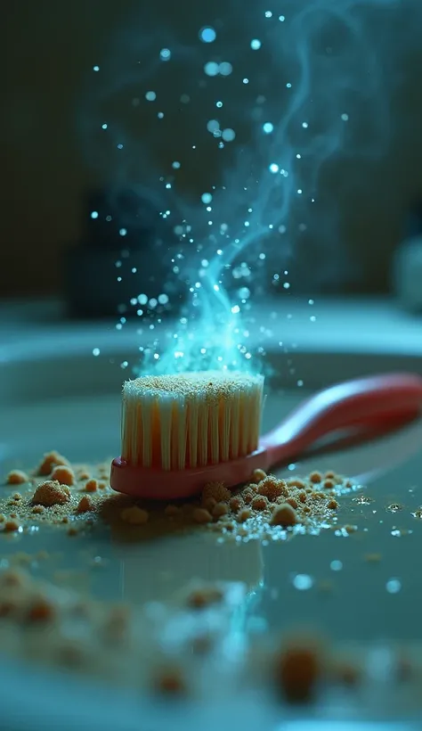 A toothbrush lying on a bathroom sink, with small, glowing fecal particles and bacteria swirling around it in the air after a toilet flush. The particles should appear as microscopic contaminants."
