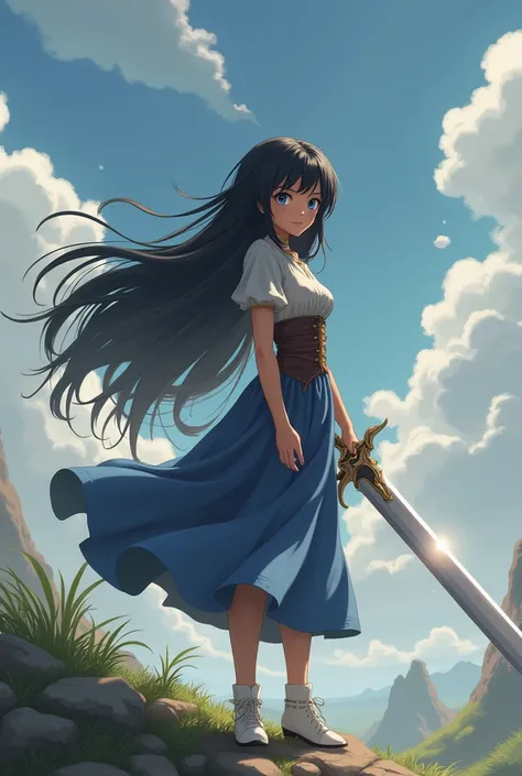 Long Hair, Black Hair, blue eyes, smile, One girl, Dragon Quest style,Hero,Carry a sword on your back,anime,beautiful