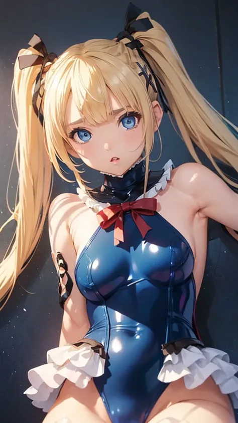 ((Best Quality))，(Extremely detailed CG)，masterpiece、Perfect quality、(((Bust Shot)))、Marie Rose、(Being restrained)、  眩しいハイライトが入ったプラチナblondeの髪、 Shiny bright hair, Attractive big blue eyes、Highly detailed face、so beautiful、( Blue latex school swimsuit for a ...