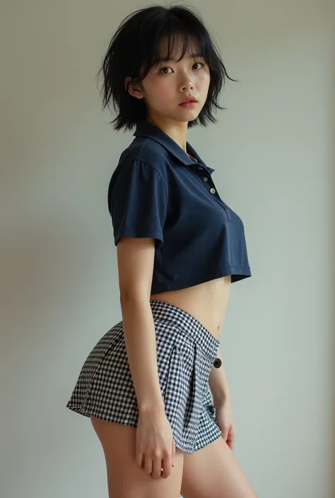 raw photo, real portrait, side view, black short shaggy straight hair,(Under Boob), navy polo shirt ,checked pleated skirt, nipples through, 1 east Asian girl, baby face, 垂れ目, ultra-detailed, realistic, slender,  voluptuous thighs, (muscle calves:1.3), (wi...