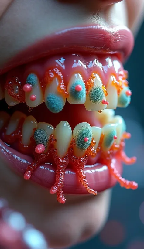 "A close-up of teeth, showing bacterial colonies growing across the surface in various colors and shapes, with saliva dripping in the background, making the scene more realistic."