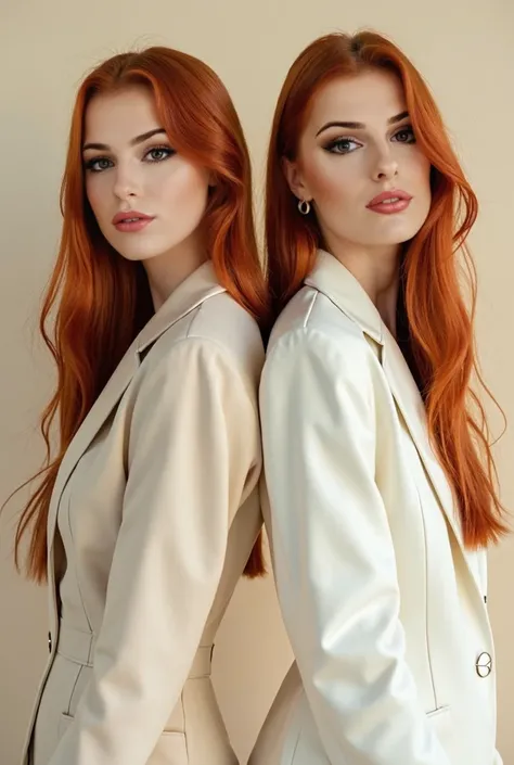 Fashion magazine cover with an elegant and minimalist composition showing a beautiful 2 redhead woman with straight hair and stylish light-colored clothes